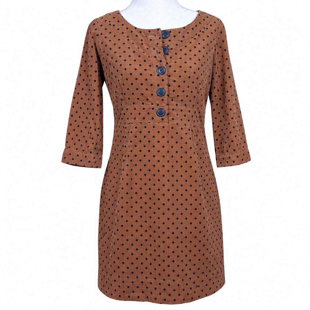 BODEN Corduroy Mini Dress Polka Dot Brown Black 3/4 Sleeve Size 6P Petite
